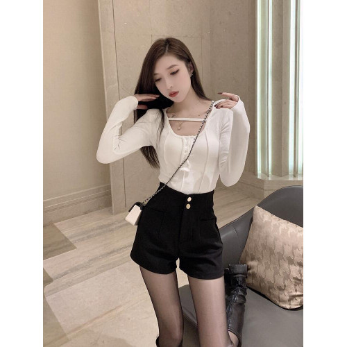 2025新款秋冬季加絨彈力濶腿短褲女高腰黑色顯瘦A字西裝外穿靴褲