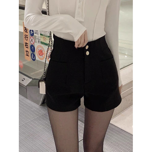 2025新款秋冬季加絨彈力濶腿短褲女高腰黑色顯瘦A字西裝外穿靴褲