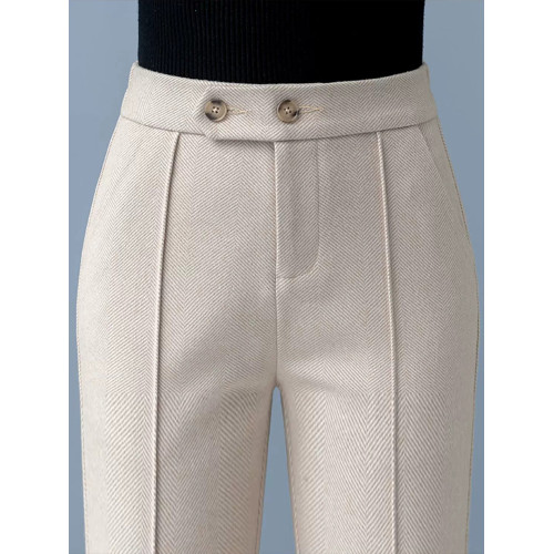 高級毛呢褲子女新款2025爆款秋冬季人字紋微喇褲冬天加絨加厚女褲