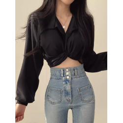 法式薄款雪紡襯衫女早春辣妹設計感小衆後背系帶蝴蝶結短款小上衣