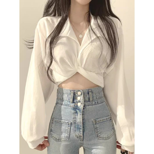法式薄款雪紡襯衫女早春辣妹設計感小衆後背系帶蝴蝶結短款小上衣