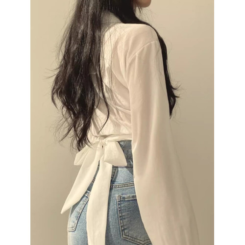 法式薄款雪紡襯衫女早春辣妹設計感小衆後背系帶蝴蝶結短款小上衣