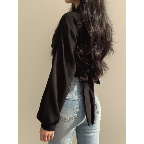 法式薄款雪紡襯衫女早春辣妹設計感小衆後背系帶蝴蝶結短款小上衣