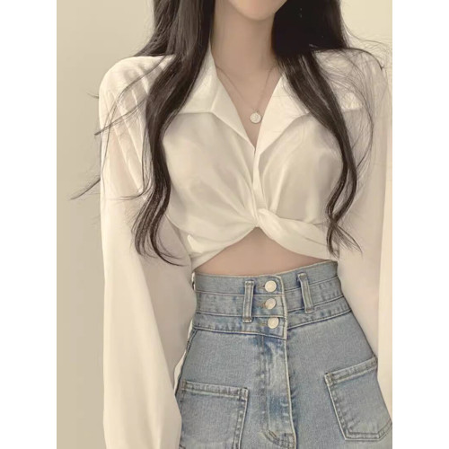法式薄款雪紡襯衫女早春辣妹設計感小衆後背系帶蝴蝶結短款小上衣