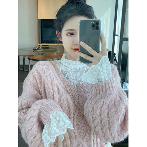蕾絲長袖打底衫女新款毛衣內搭網紗洋氣小衫花邊上衣仙女甜美超仙 蕾絲長袖打底衫女新款毛衣內搭網紗洋氣小衫花邊上衣仙女甜美超仙