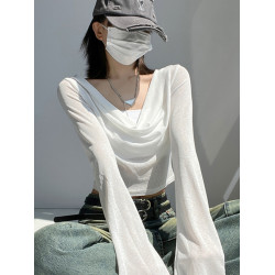 女夏甜酷辣妹性感長袖連帽t恤外搭短款防曬休閒薄款露臍百搭上衣