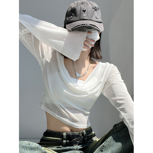 女夏甜酷辣妹性感長袖連帽t恤外搭短款防曬休閒薄款露臍百搭上衣