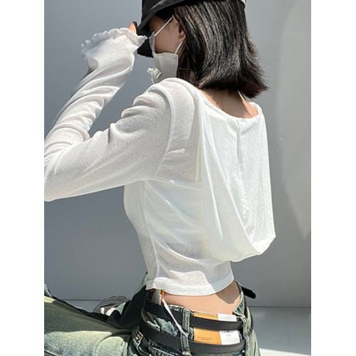 女夏甜酷辣妹性感長袖連帽t恤外搭短款防曬休閒薄款露臍百搭上衣