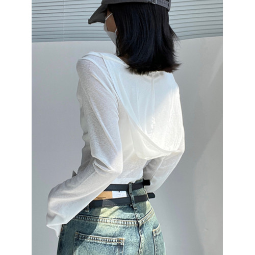 女夏甜酷辣妹性感長袖連帽t恤外搭短款防曬休閒薄款露臍百搭上衣