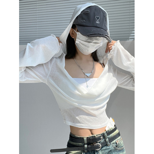 女夏甜酷辣妹性感長袖連帽t恤外搭短款防曬休閒薄款露臍百搭上衣