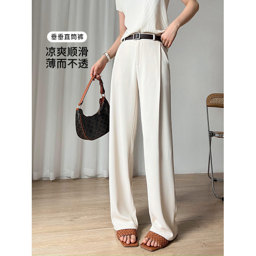 白色西裝濶腿褲女夏季薄款高腰垂感小個子冰絲窄版直筒休閒拖地褲 白色西裝濶腿褲女夏季薄款高腰垂感小個子冰絲窄版直筒休閒拖地褲