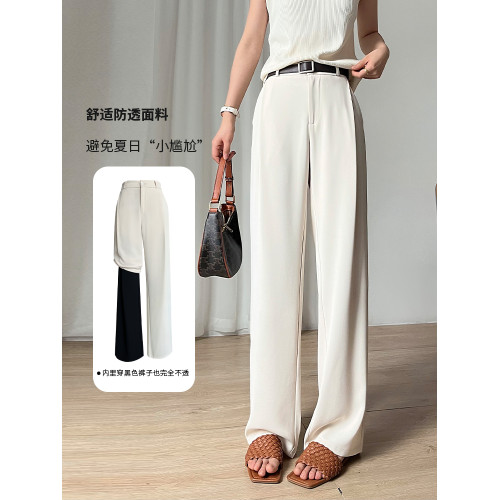 白色西裝濶腿褲女夏季薄款高腰垂感小個子冰絲窄版直筒休閒拖地褲 白色西裝濶腿褲女夏季薄款高腰垂感小個子冰絲窄版直筒休閒拖地褲