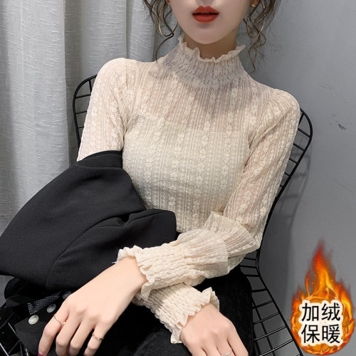 大碼胖mm高領蕾絲打底衫女秋冬新款內搭超仙網紗長袖加絨加厚上衣
