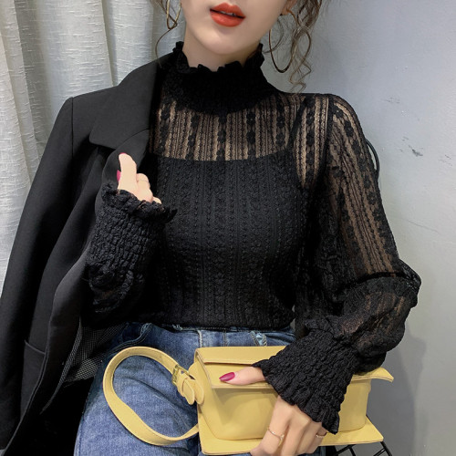 大碼胖mm高領蕾絲打底衫女秋冬新款內搭超仙網紗長袖加絨加厚上衣