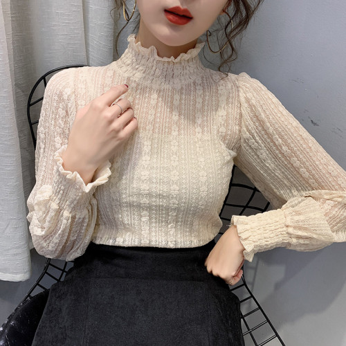 大碼胖mm高領蕾絲打底衫女秋冬新款內搭超仙網紗長袖加絨加厚上衣