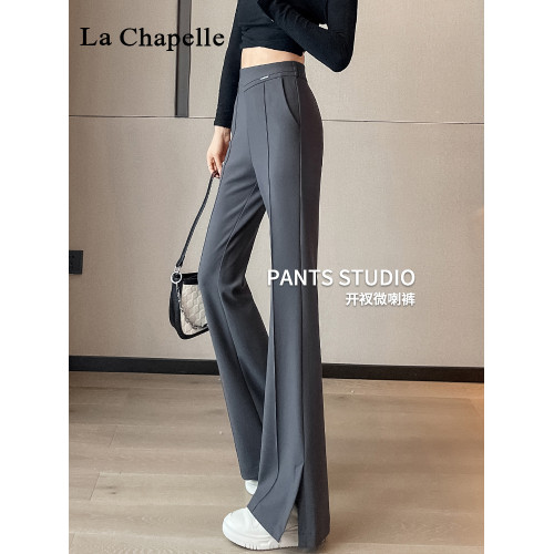 拉夏貝爾側開叉灰色西裝微喇褲女秋冬高腰休閒加絨針織直筒喇叭褲