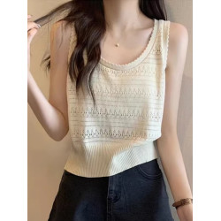 法式U領鏤空針織白色吊帶女薄款外穿上衣夏季設計感冰絲鉤花背心