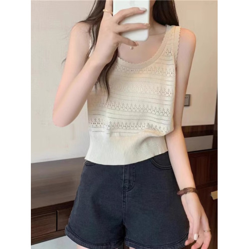 法式U領鏤空針織白色吊帶女薄款外穿上衣夏季設計感冰絲鉤花背心