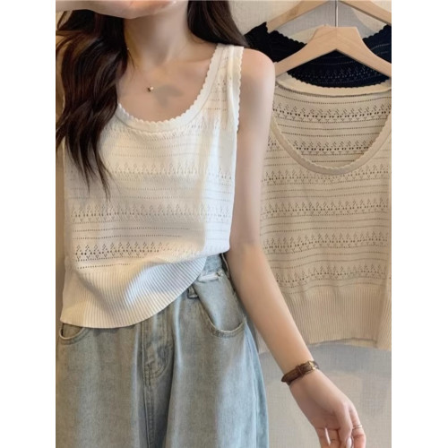 法式U領鏤空針織白色吊帶女薄款外穿上衣夏季設計感冰絲鉤花背心