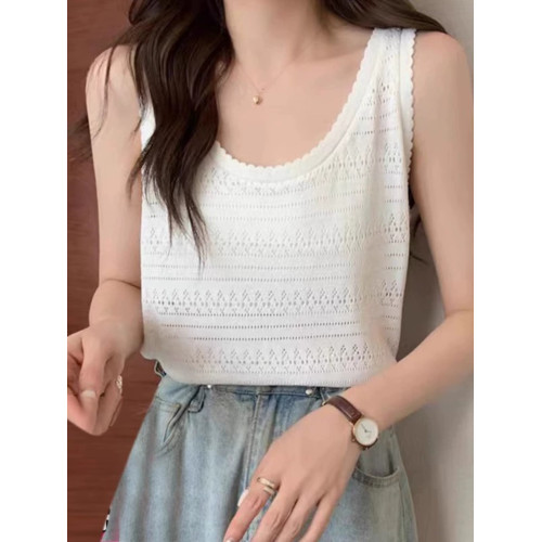 法式U領鏤空針織白色吊帶女薄款外穿上衣夏季設計感冰絲鉤花背心