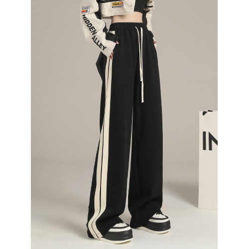 黑色運動褲女秋冬季新款寬松休閒衛褲褲子學生健身直筒加絨濶腿褲 黑色運動褲女秋冬季新款寬松休閒衛褲褲子學生健身直筒加絨濶腿褲