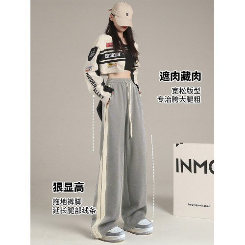 黑色運動褲女秋冬季新款寬松休閒衛褲褲子學生健身直筒加絨濶腿褲 黑色運動褲女秋冬季新款寬松休閒衛褲褲子學生健身直筒加絨濶腿褲