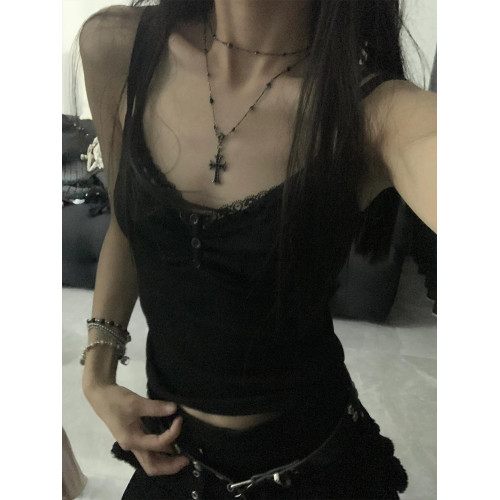 美式黑色蕾絲花邊吊帶背心女夏季2024新款內搭打底辣妹風無袖上衣