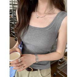 灰色U領寬肩帶針織背心女夏季西裝內搭寬邊運動背心修身無袖上衣