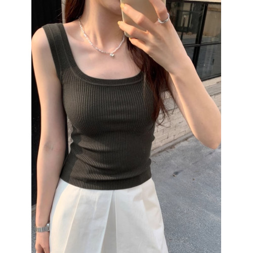 灰色U領寬肩帶針織背心女夏季西裝內搭寬邊運動背心修身無袖上衣
