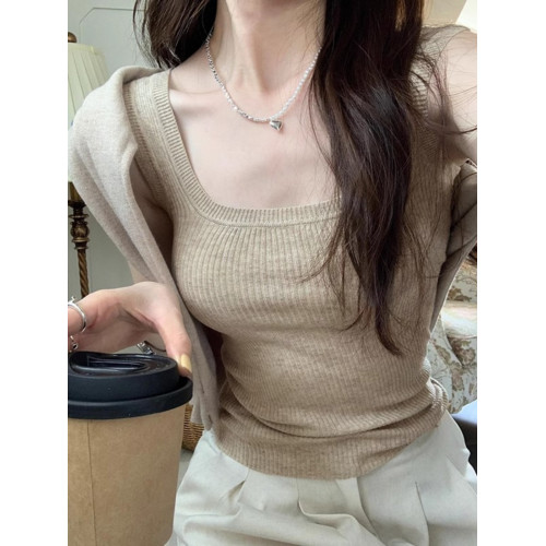 灰色U領寬肩帶針織背心女夏季西裝內搭寬邊運動背心修身無袖上衣