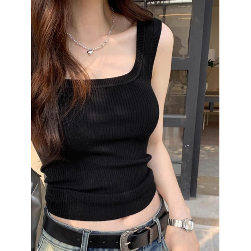 灰色U領寬肩帶針織背心女夏季西裝內搭寬邊運動背心修身無袖上衣