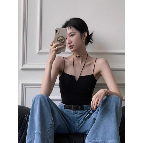 法式別致設計感黑色掛脖吊帶背心女夏外穿內搭打底帶胸墊無袖上衣