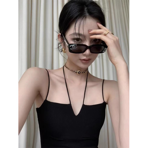 法式別致設計感黑色掛脖吊帶背心女夏外穿內搭打底帶胸墊無袖上衣