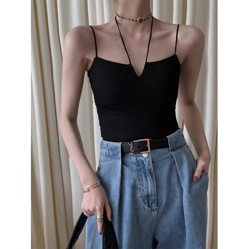 法式別致設計感黑色掛脖吊帶背心女夏外穿內搭打底帶胸墊無袖上衣