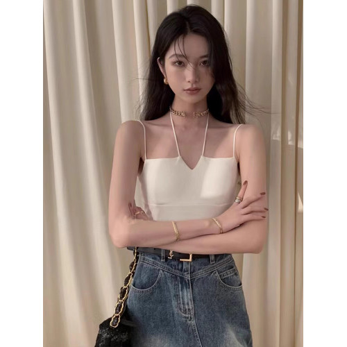 法式別致設計感黑色掛脖吊帶背心女夏外穿內搭打底帶胸墊無袖上衣