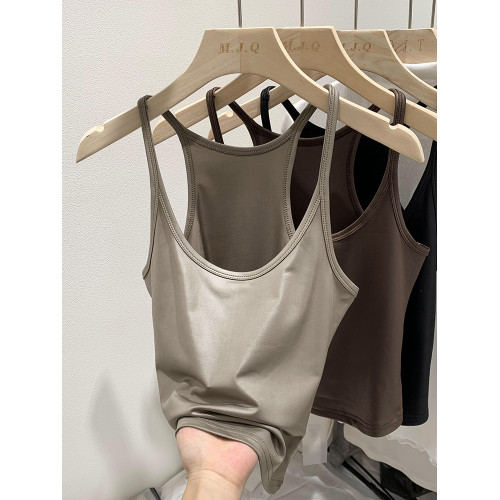 美式酷辣仿皮質修身小吊帶背心女內搭2025夏新款外穿無袖打底上衣