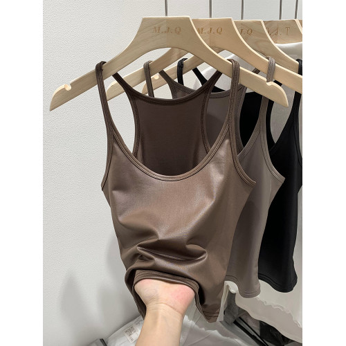 美式酷辣仿皮質修身小吊帶背心女內搭2025夏新款外穿無袖打底上衣