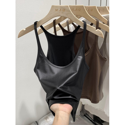 美式酷辣仿皮質修身小吊帶背心女內搭2025夏新款外穿無袖打底上衣