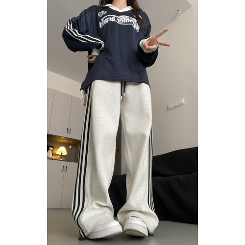 白灰色側條紋休閒運動褲女春夏季2025新款美式慵懶垂墜感兩穿衛褲 白灰色側條紋休閒運動褲女春夏季2025新款美式慵懶垂墜感兩穿衛褲