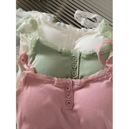 純欲風蕾絲邊白色吊帶帶胸墊背心女夏季外穿美背修身內搭短款上衣