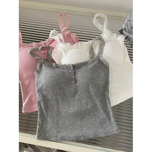 純欲風蕾絲邊白色吊帶帶胸墊背心女夏季外穿美背修身內搭短款上衣