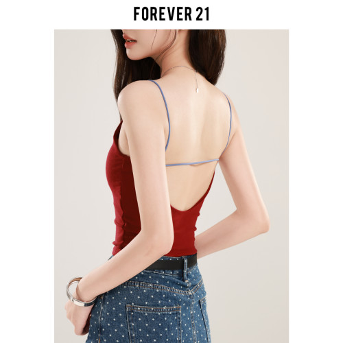 Forever 21設計感撞色修身吊帶女辣妹背心灰色帶胸墊美背純欲上衣
