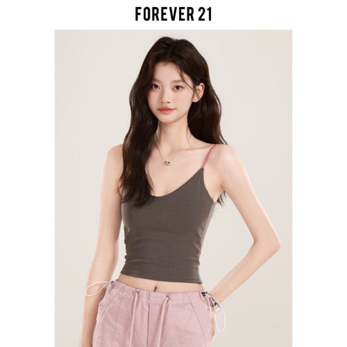 Forever 21設計感撞色修身吊帶女辣妹背心灰色帶胸墊美背純欲上衣