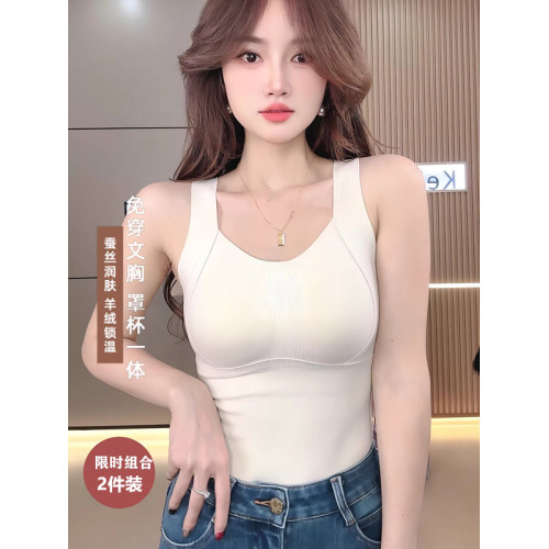 桑蠶絲保暖吊帶背心女2025冬內搭加絨髮熱帶胸墊一體打底秋內衣