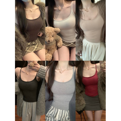 辣妹內搭磨毛帶胸墊吊帶背心女秋冬白色緊身外穿美背打底衫上衣潮