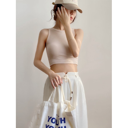 帶胸墊短款背心女莫代爾螺紋辣妹無袖吊帶運動打底衫外穿露臍上衣