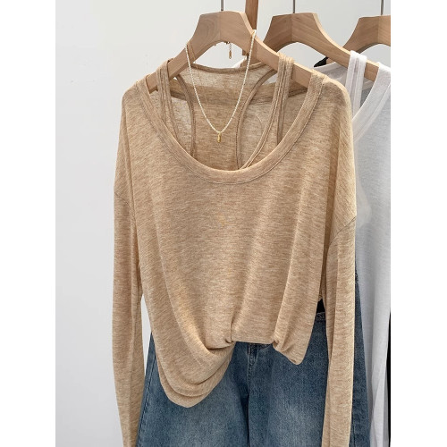 松弛感薄款無袖夏日背心&長袖T恤防曬罩衫春秋2025慵懶風兩件套女