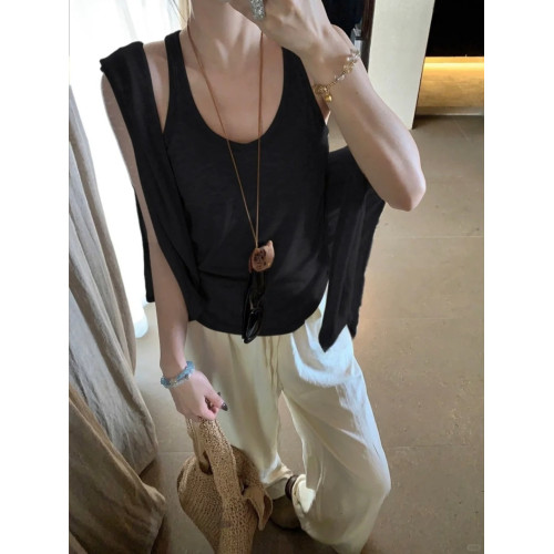 松弛感薄款無袖夏日背心&長袖T恤防曬罩衫春秋2025慵懶風兩件套女