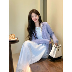 紫色鏤空毛衣薄款外套女2025早秋溫柔風開衫氣質馬海毛針織衫上衣