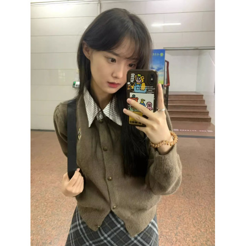 假兩件polo領開衫毛衣女2025新款春秋季學院風短款針織衫外套上衣